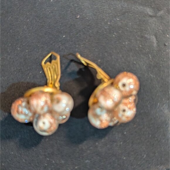 Vintage Cluster Bead Clip-On Earrings White/Gold Glitter Swirl Retro Statement J - Picture 4 of 8